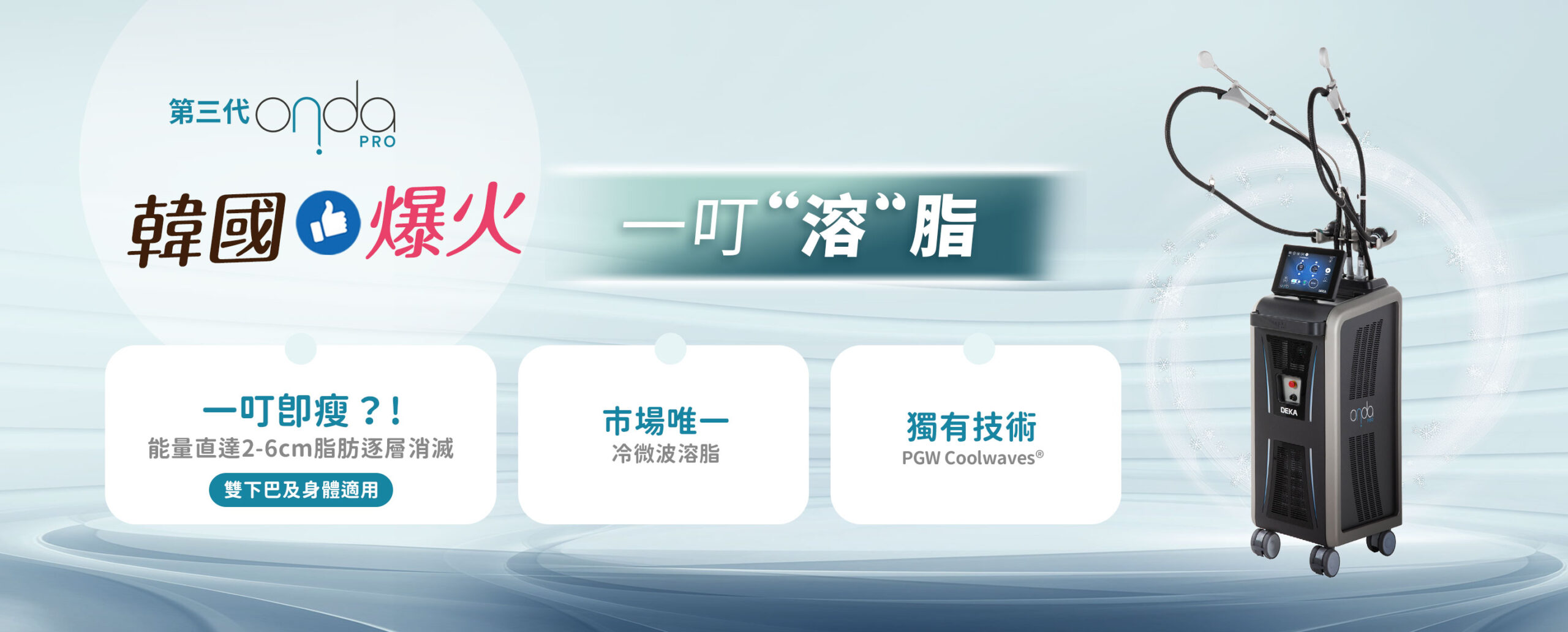 第三代 Onda Pro 韓國爆火一叮溶脂儀器宣傳圖，主打市場唯一冷微波溶脂及獨有 PGW Coolwaves 技術，適用於雙下巴及身體