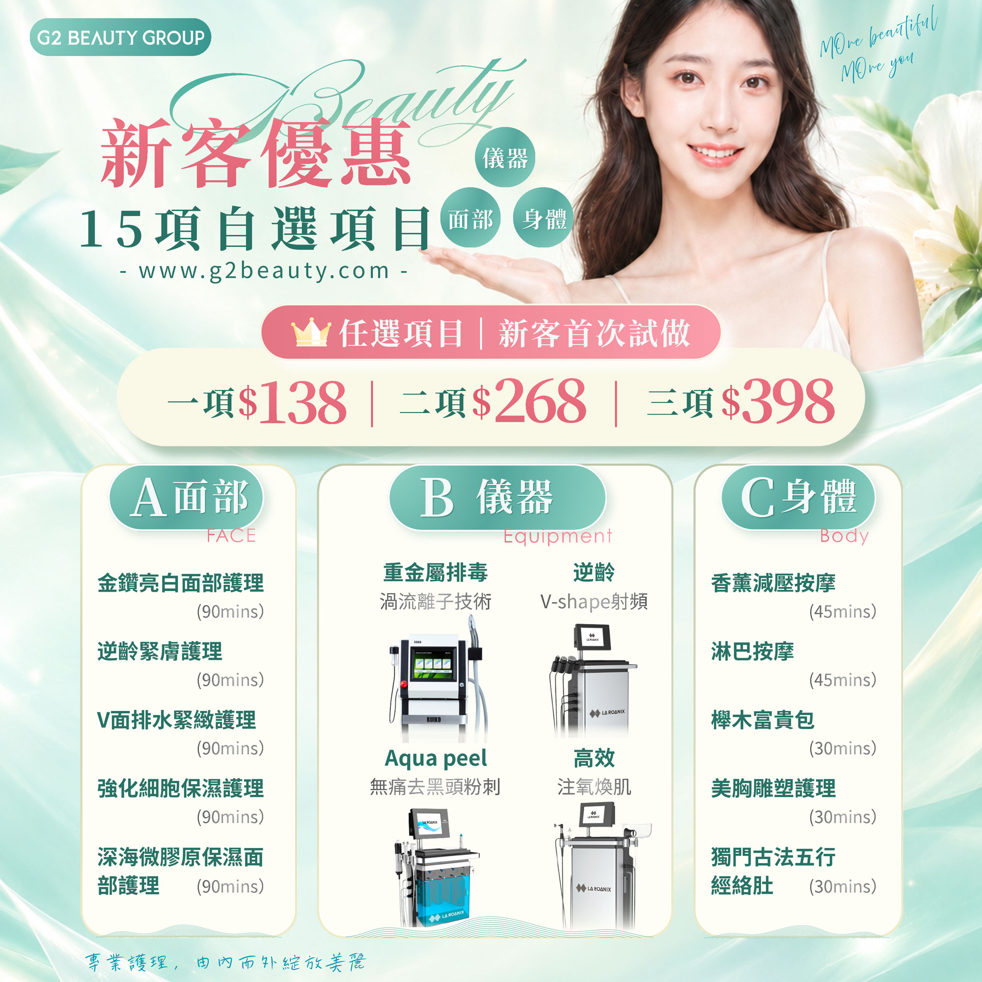 G2 Beauty Group 新客優惠宣傳海報：15件自選面部、儀器及身體護理，首次試做單項$138、兩項$268、三項$398。